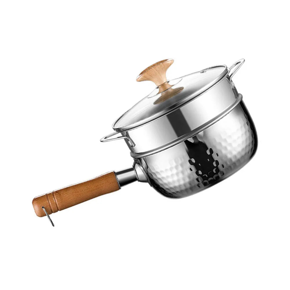 Stainless Steel Sauce Pan with Steamer Basket Glass Lid and Functional Design for Milk Heating Noodle Cooking and Steaming
