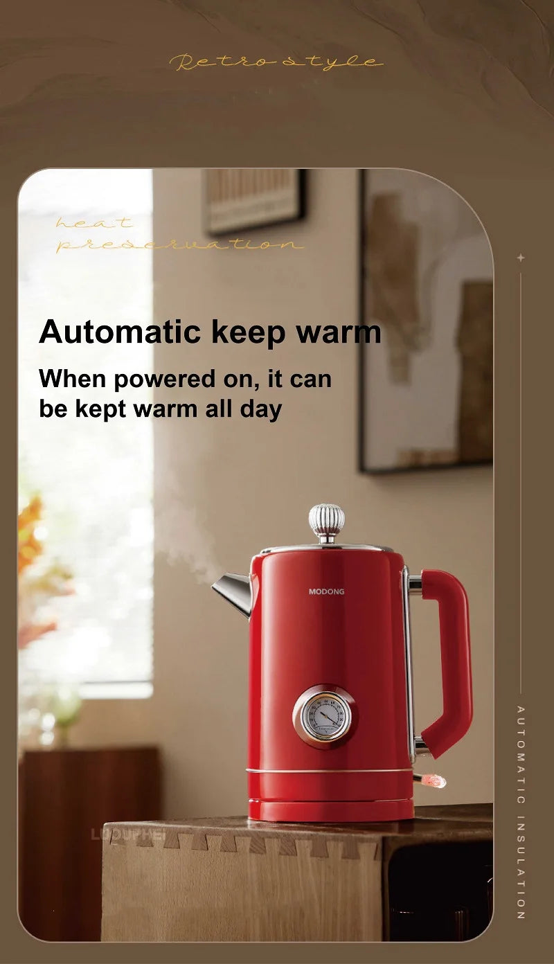 1500W Vintage Electric Kettle 304 stainless steel Fast Heating Water Boiler With Thermometer Home Water Boiling Cooking Pot 1.8L