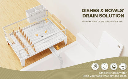 Upgrade Dish Racks for Kitchen Counter Carbon Steel Dish Drainer with Removable Cutlery Holder & Drainboard, White