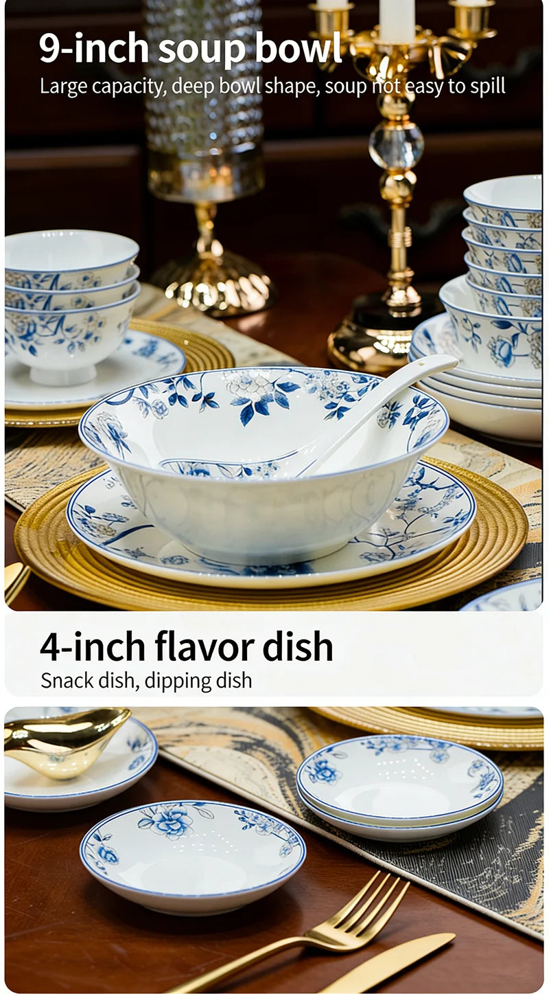 Blue And White Porcelain Tableware Set 18/28/56/30pcs Ceramics Dish Sets Full Set Luxury China Dinnerware Set For 4/6/10 Persons
