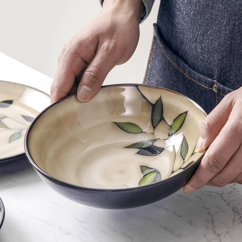 Bamboo Leaf Ceramic Tableware Set Japanese Rice Bowl Large Soup Noodle Bowl Retro Underglaze Hand Painted