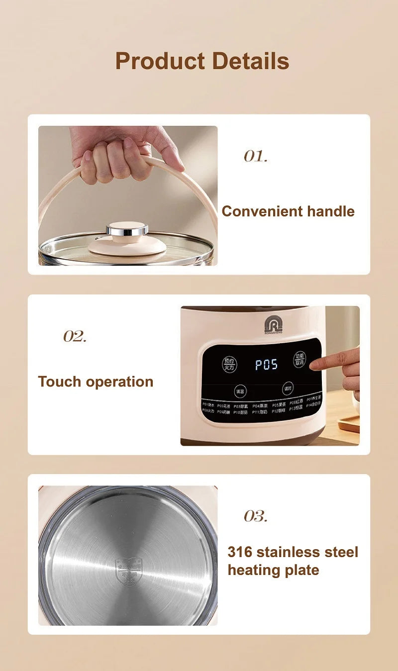 1200W/3L Home Electric Kettle Multifunctional Health Pot Glass Flower Teapot Soup Stew Pot Commercial Faucet Fruit Tea Bucket