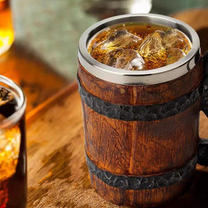 600ml Viking Wood Style Insulated Beer Mug Double Wall Metal Drinking Cup Simulation Wooden Barrel Design Gift
