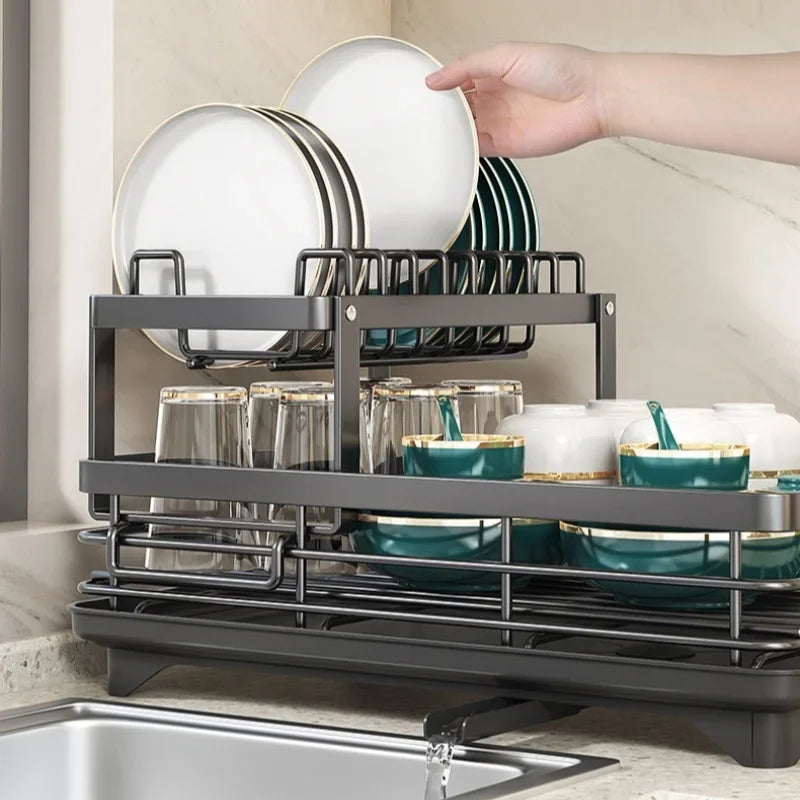 Kitchen Dish Drain Rack Plates Bowls Chopsticks Carbon Steel Storage Rack with Drain Board Sink Countertop Tableware Storage