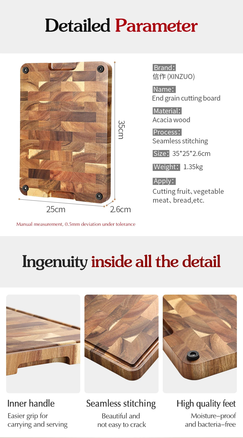 XINZUO Acacia Wood Cutting Board Cut Bread Fruit Meat Quality Kitchen Wooden Chopping Blocks Non-slip Kitchen Tools