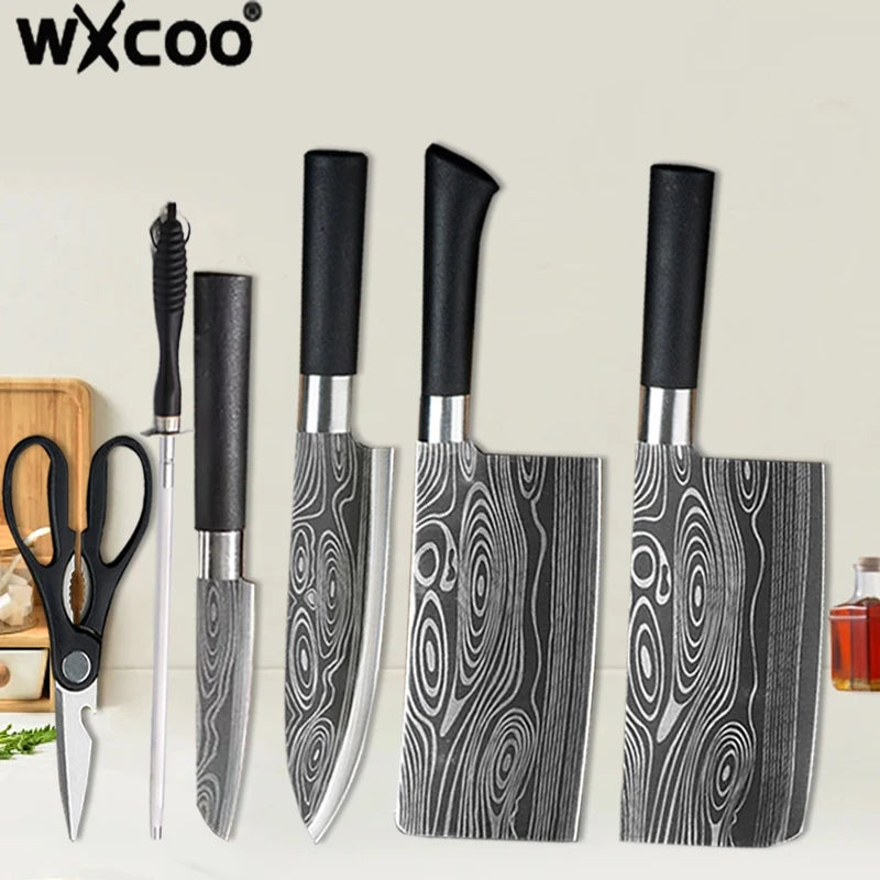 WXCOO Stainless Steel Durable Chef Knife Set Meat Cleaver Fruit Slicing Handmade Forged Kitchen Knife Butcher Knife Scissor