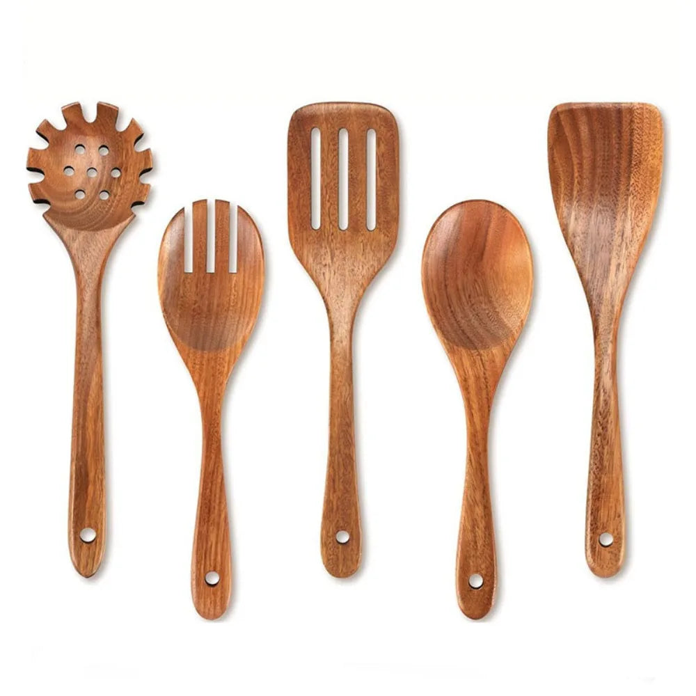 4-8pcs Wooden Cooking Spoon with Storage Bucket Durable Kitchen Utensils Set Natural Material Unbreakable Kitchen Shovel Set