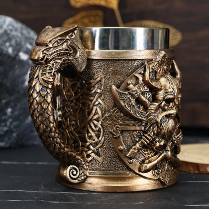 600ML Medieval Valhalla Viking Stainless Steel Nordic Viking Barrel Dragon Boat Warrior Horn Skull Beer Mug Beer Coffee Cup