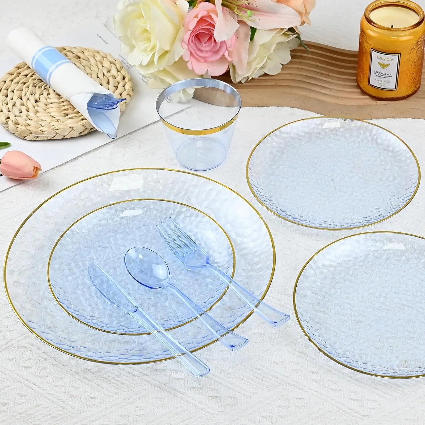 175PCS Gold and Blue Plastic Dinnerware Set – Clear Blue Disposable Plate with Gold Rim Include Dinner Plates, Dessert Plate