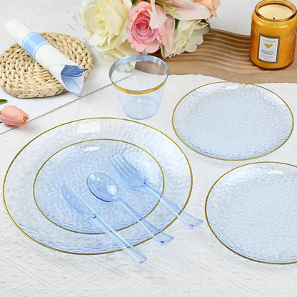 175PCS Gold and Blue Plastic Dinnerware Set – Clear Blue Disposable Plate with Gold Rim Include Dinner Plates, Dessert Plate
