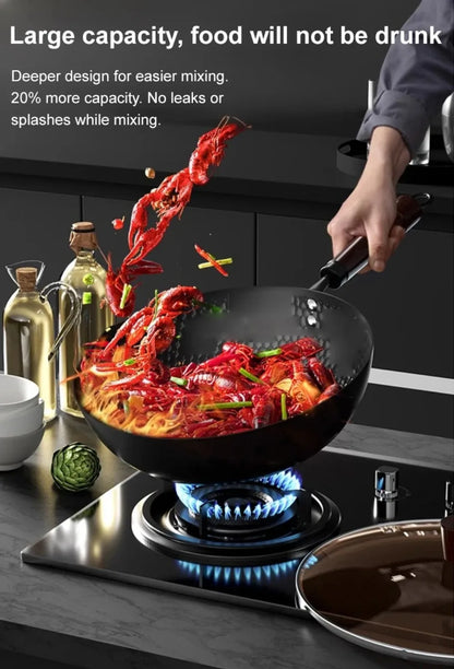 Healthy Hand Forging Cast Iron Pot NonStick Uncoated Frying Pan with Wooden Lid Chinese Wok Induction Cooker Gas