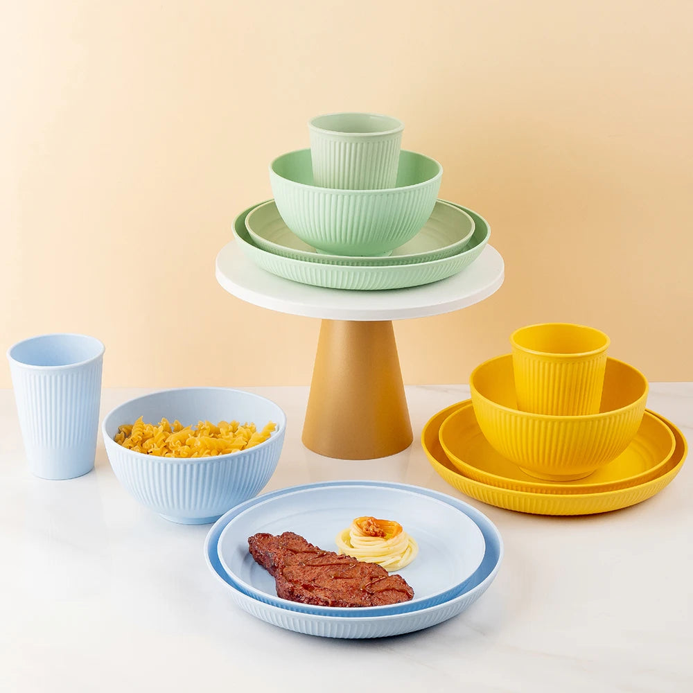 4/16Pcs Grey Straw Cutlery Set Dishes Bowls Disk Water Cup Tableware Plastic Unbreakable Polypropylene Kitchen Dinnerware