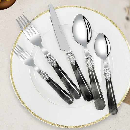 20/30pcs Flatware Set Stainless Steel Plastics Marbling Handle Cutlery Tableware Knife Fork Spoon Dishwasher Safe Dinnerware