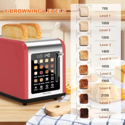 2 Slice Toaster with Touch Screen Stainless Steel Red Digital Timer 8 Shade Settings 6 Bread Types for Bagel Cancel Defrost
