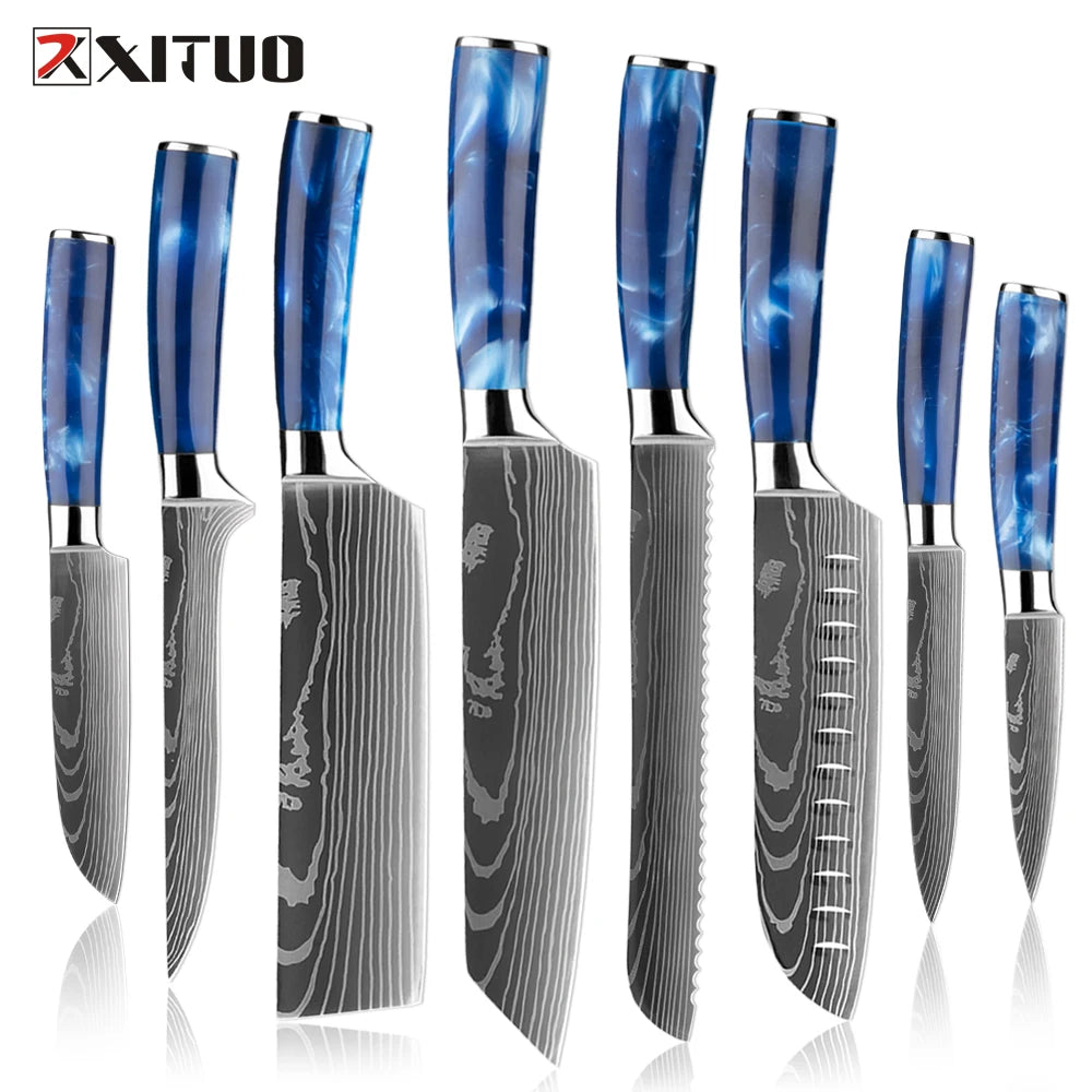 Stainless Steel Chef Knife Kitchen Knife Set 1-8Piece Razor-Sharp Paring Knife, Boning Knife, Santoku Knife, Blue Resin Handle