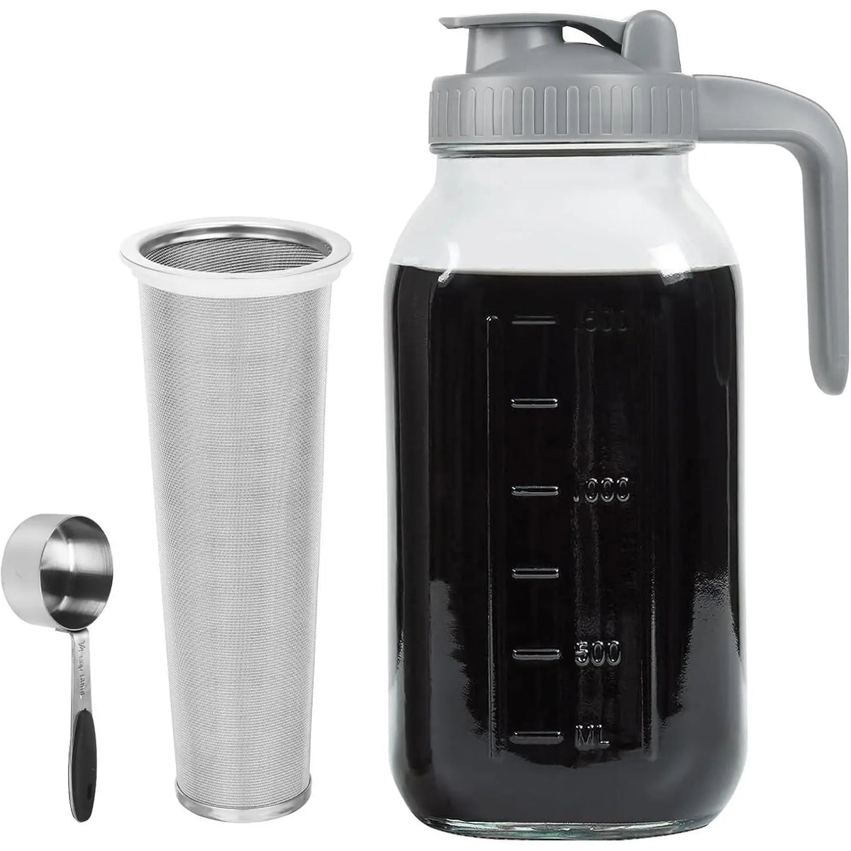 64OZ 1.9L Cold Brew Coffee Maker Glass Pitcher with Stainless Steel Infuser Filter Airtight Lid Pour Spout Wide Mouth Thick Glass Jug for Iced Coffee Fruit Tea Brewing Kitchen Drinkware