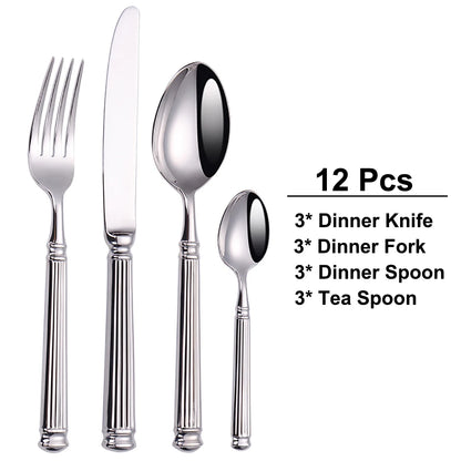 12/16/20 Pieces Sliver Tableware Set Stainless Steel Cutlery Elegant Dinnerware Vintage Knife Spoon Fork Set Kitchen Utensils