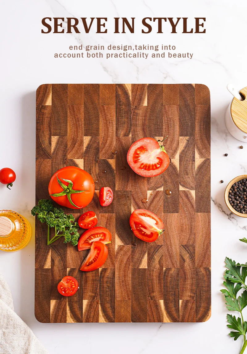 High Quality 15 inch Rectangular Cutting Board End Grain Acacia Wood Chopping Board with Side Handle
