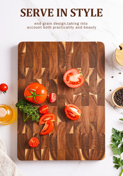 High Quality 15 inch Rectangular Cutting Board End Grain Acacia Wood Chopping Board with Side Handle