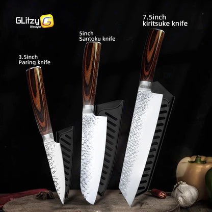 Kitchen Knives Japanese Chef Knife Set 7CR17 High Carbon Steel Full Tang Hammered Non-Stick Santoku Knifes Utility Meat Cleaver
