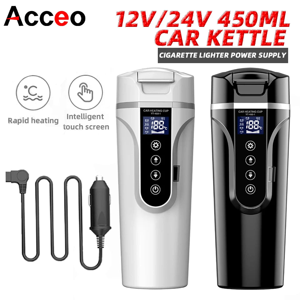 R31 450ml Car Heating Cup 12v/24v Portable Electric Kettle Smart Touch Screen Thermal Mug Temperature Adjustable Car Heating Mug