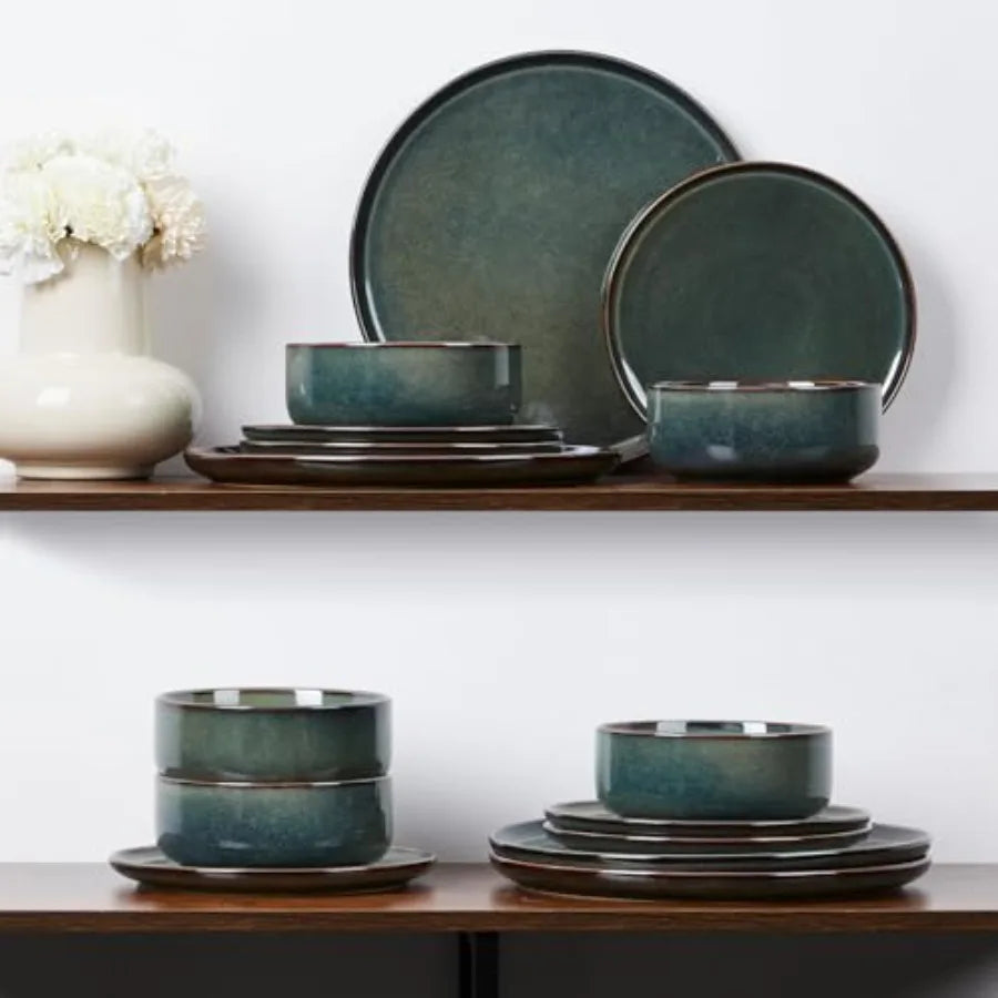 6-Piece Plates and Bowls Set Stoneware Dinnerware Sets for 2 Ceramic Dishes Reactive Glaze Dinning Ware Microwave and Dishwashe