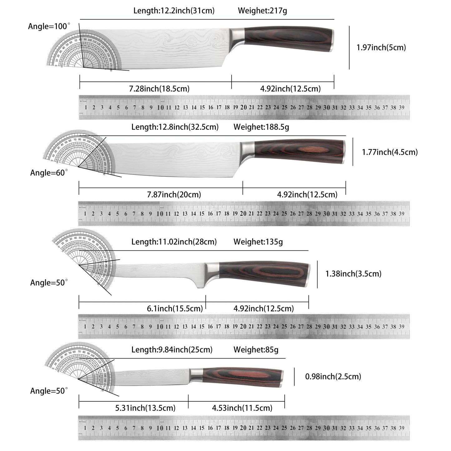 Ultimate 12Pcs Professional Kitchen Knife Set, Damascus Laser Pattern High Carbon Stainless Steel Knives, Ergonomic Wood Grain H