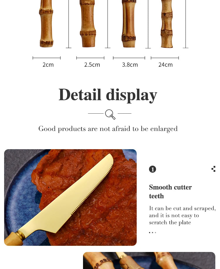 24Pcs Dinnerware Sets Original Nature Bamboo Handle Cutlery Stainless Steel Knife Fork Spoon Purely Natural Bamboo Tableware Set