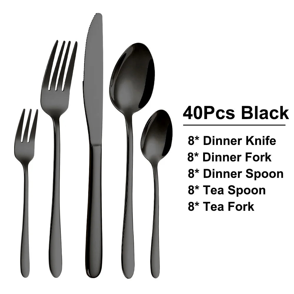 30/35/40 Pieces Western Tableware Stainless Steel Black Cutlery Set Elegant Dinner Set Mirror Knife Fork Spoon Kitchen Utensils
