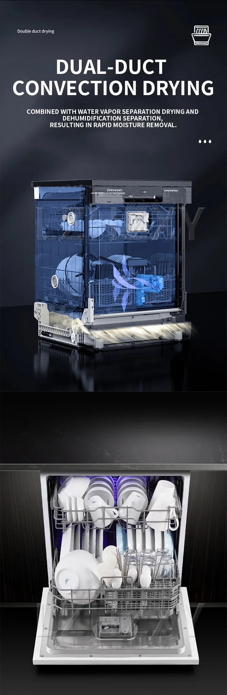 Fully automatic built-in household sterilizing dishwasher, 12 place setting capacity, energy-efficient, sterilizing and washing