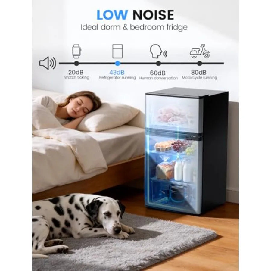 Dorm fridge with freezer for bedroom, office, kitchen, dorm: silver stainless steel, 2.5 cu.ft capacity, double reversible door