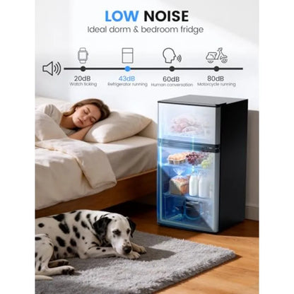 Dorm fridge with freezer for bedroom, office, kitchen, dorm: silver stainless steel, 2.5 cu.ft capacity, double reversible door