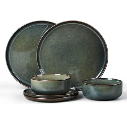 6-Piece Plates and Bowls Set Stoneware Dinnerware Sets for 2 Ceramic Dishes Reactive Glaze Dinning Ware Microwave and Dishwashe