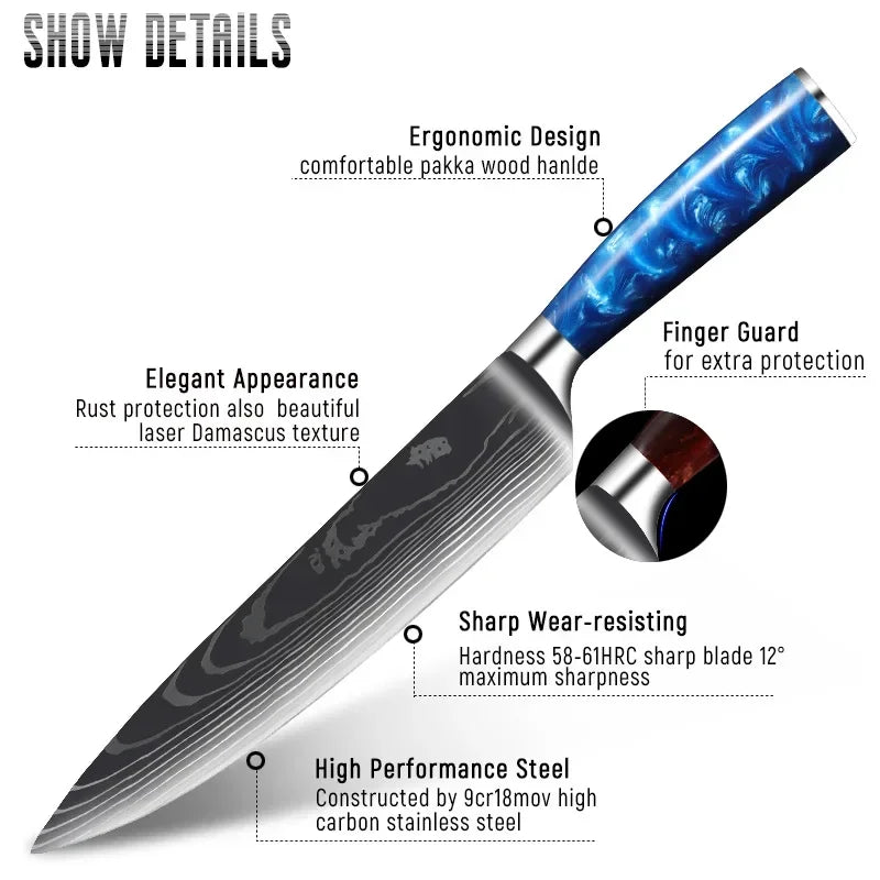 Damascus Pattern Knives Set Stainless Steel Chef Knife Japanese Santoku Knife Boning Knife Meat Cleaver Household Bread Knives