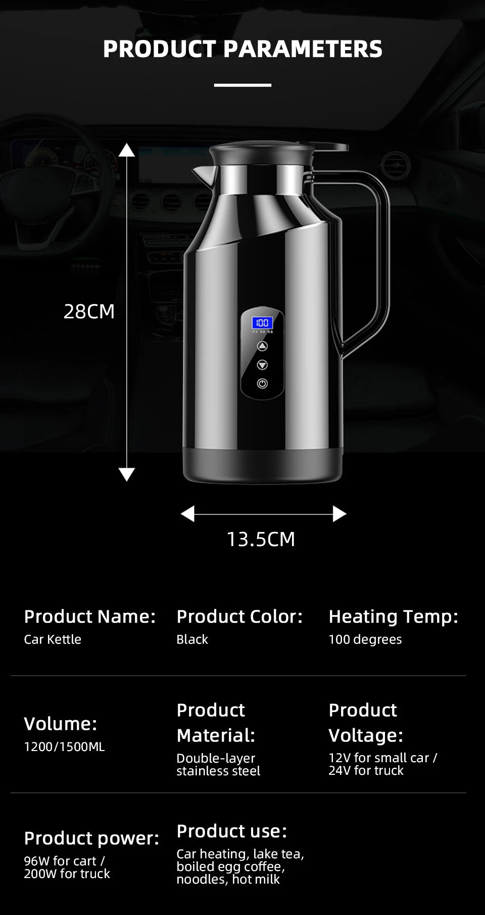 12V 24V Portable Car Hot Kettle 1200mL/1500mL Large Capacity 304 Stainless Steel Thermos Water Bottle Travel For Tea Coffee