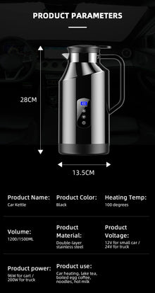 12V 24V Portable Car Hot Kettle 1200mL/1500mL Large Capacity 304 Stainless Steel Thermos Water Bottle Travel For Tea Coffee