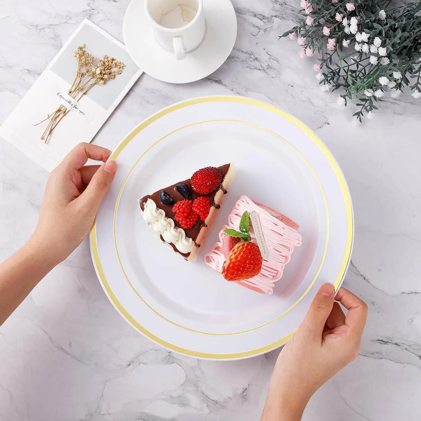 200PCS Gold Disposable Party Plates Set, 100 Dinner & 100 Dessert Plates for Wedding Birthday Events