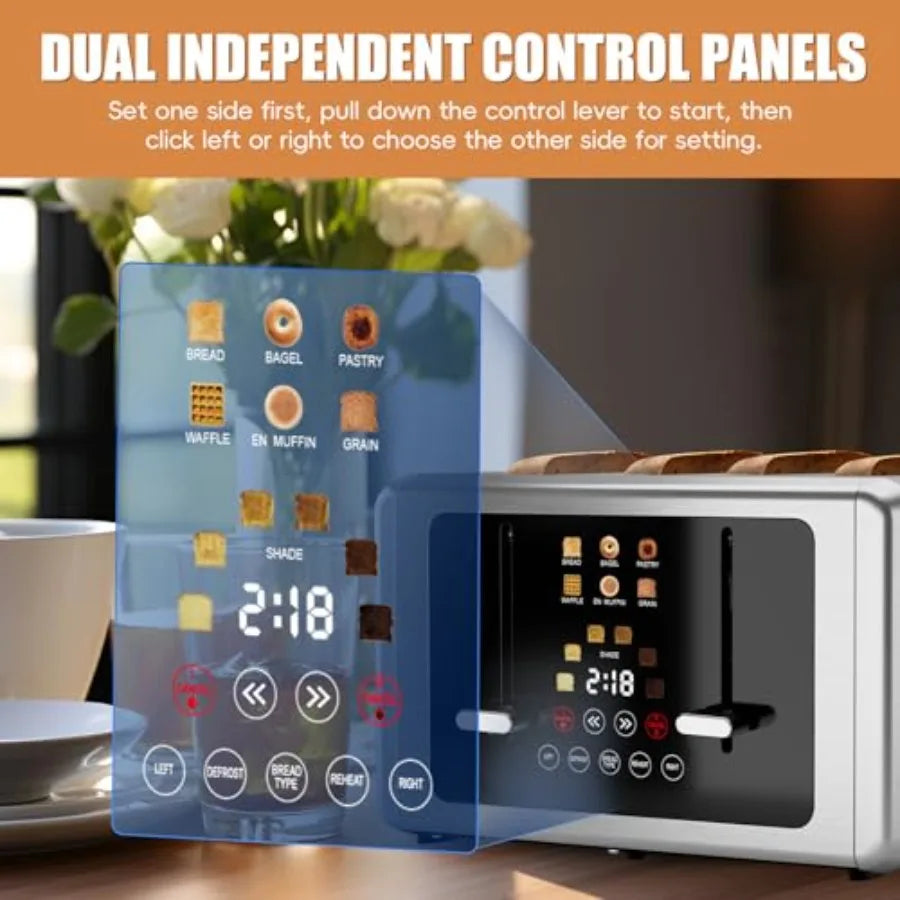 4-Slice Smart Toaster with Touchscreen and Extra-Wide Slots Dual Independent Control 6 Browning Levels 6 Bread Types Memory Fun
