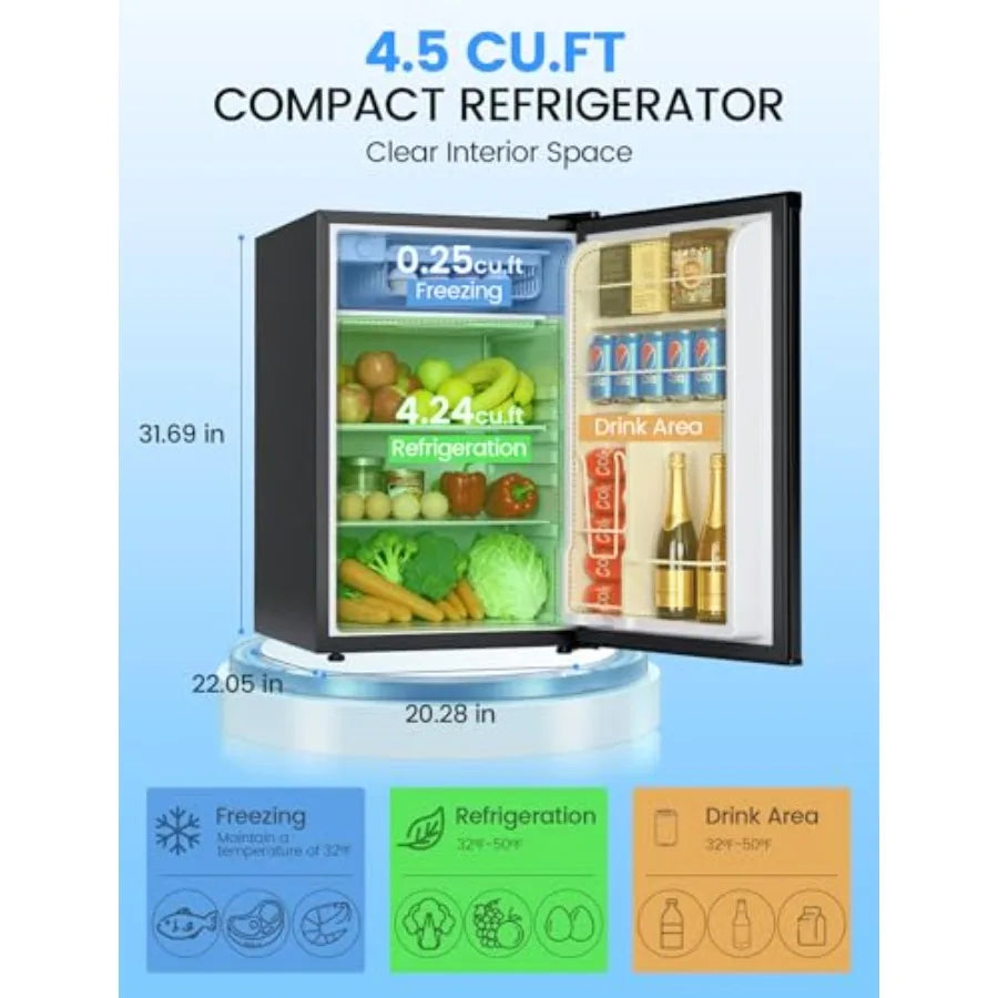 Dorm apartment fridge with freezer: 4.5 cu.ft, black stainless steel finish, ultra-quiet operation, energy-efficient for bedroo