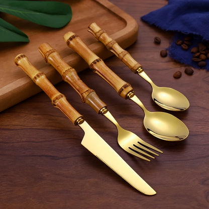 24Pcs Dinnerware Sets Original Nature Bamboo Handle Cutlery Stainless Steel Knife Fork Spoon Purely Natural Bamboo Tableware Set