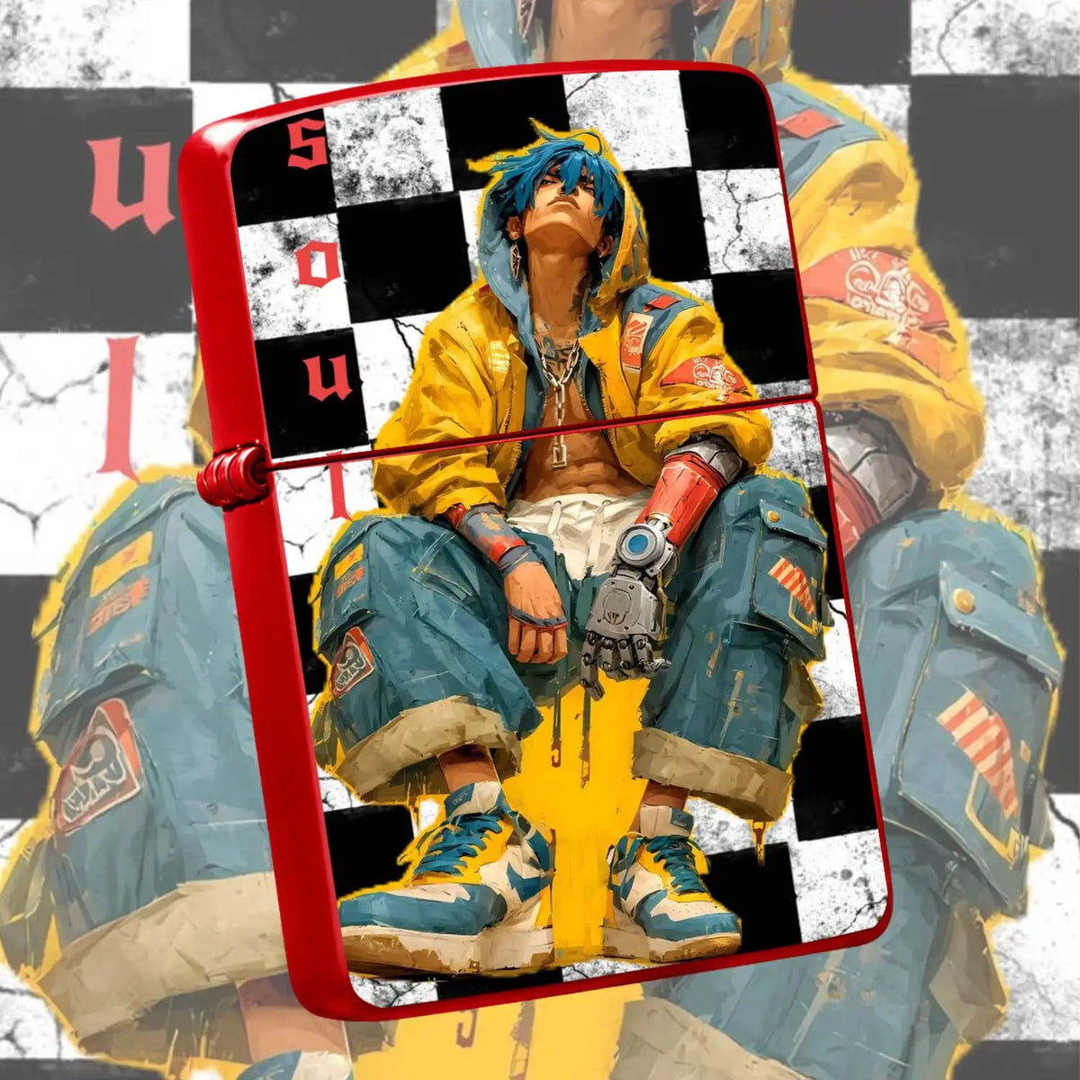 Stylish Cyber Blue-Haired Mechanical Themed Lighter, Black White Checkerboard Art Print Decor, Portable Ignition Tool For Camping Hiking Daily Gathering, Creative Unique Trendy Gift For Friends And Hobbyists, Versatile Practi