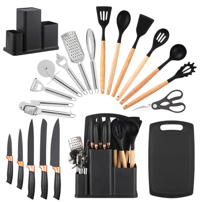 19Pcs Kitchen Utensils Set with Knife & Cutting Board, Silicone Cooking Tools with Storage Holder