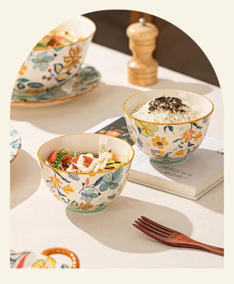 LingAo-Japanese Country Style Ceramic Tableware Set of Plates and Bowls with Underglaze Colors