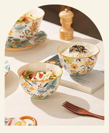 LingAo-Japanese Country Style Ceramic Tableware Set of Plates and Bowls with Underglaze Colors