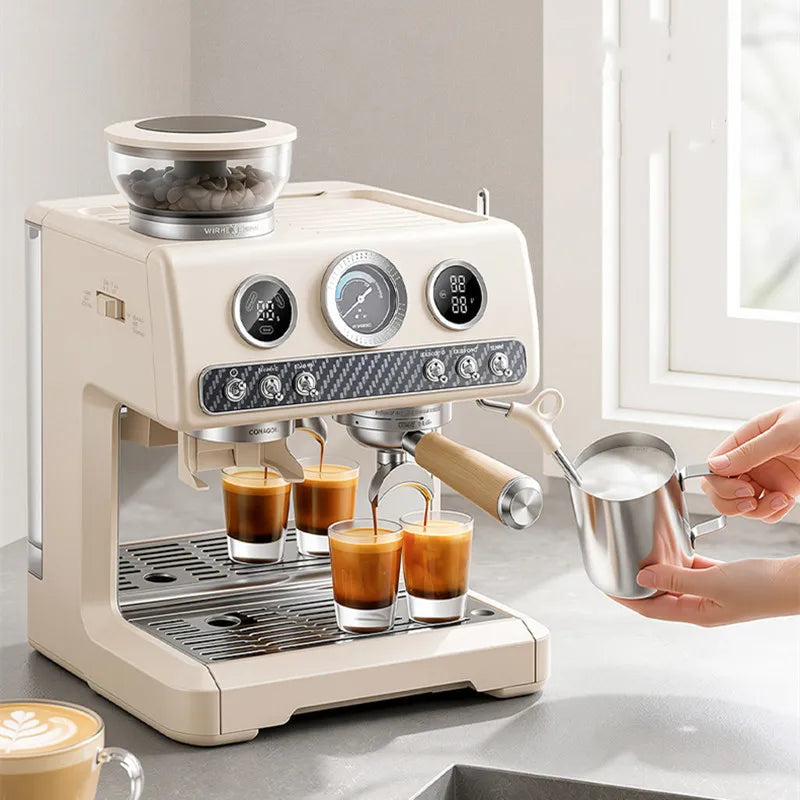 Semi-Automatic Espresso Coffee Machine, Dual Pump Cold & Hot Brew, Built-in Grinder, High Pressure 20 Bar, Compact Home Espresso