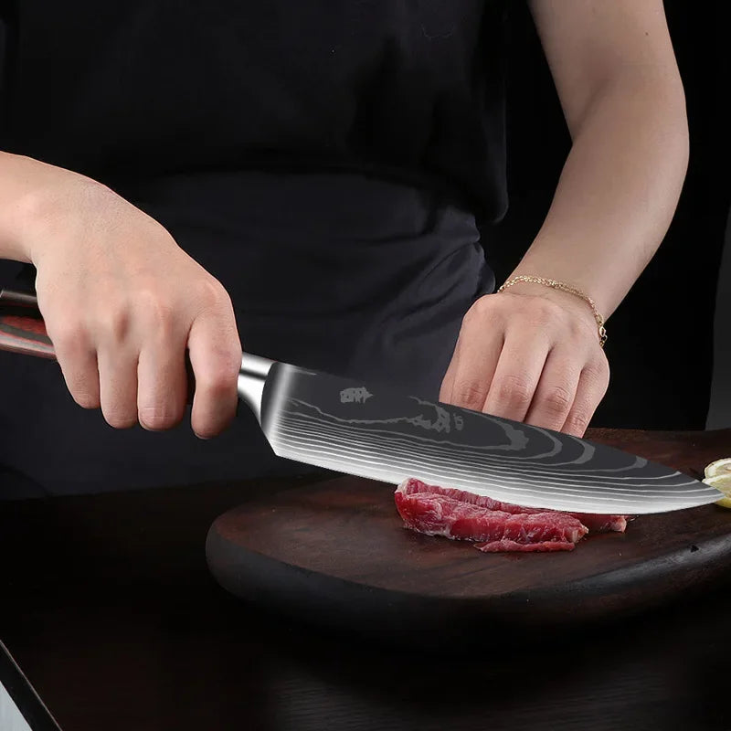 Japanese Santoku Knife 10pcs Damascus Pattern Knives Set Chef's Knife Boning Knife Meat Cleaver Vegetable Slicing Knives