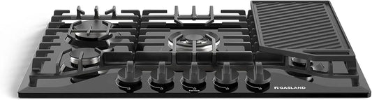 30-Inch Gas Cooktop with 5 Burners, Reversible Griddle, NG/LPG Convertible, CSA Certified, Black