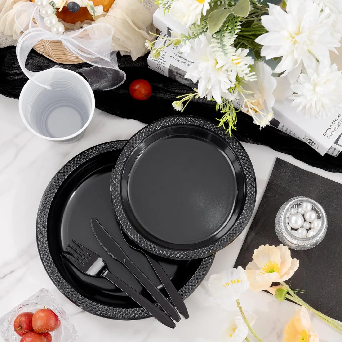 210 PCS Black Plastic Plates for 30 Guests - Disposable Dinnerware Set Including Dinner Plates, Dessert Plates, 12oz Cups, Cu