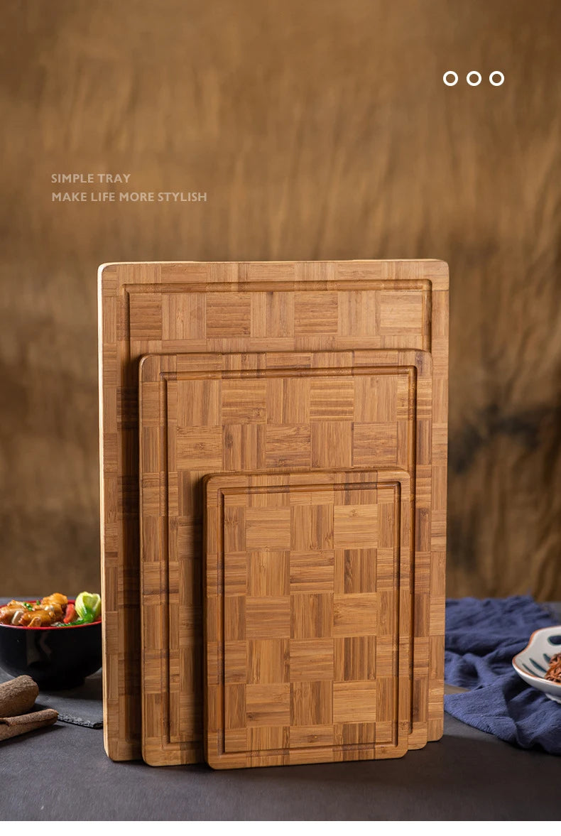 Checkerboard Moso Bamboo Cutting Board, Bamboo Chopping Board with Juice Groove & Hanging Carry Hole, Portable Fruit Vegetable