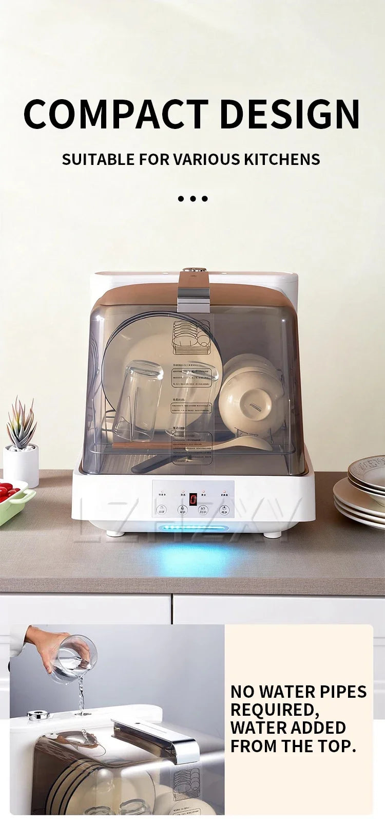 Transparent Household Countertop Mini Dishwasher, Portable Smart Automatic High-Temperature Dishwasher